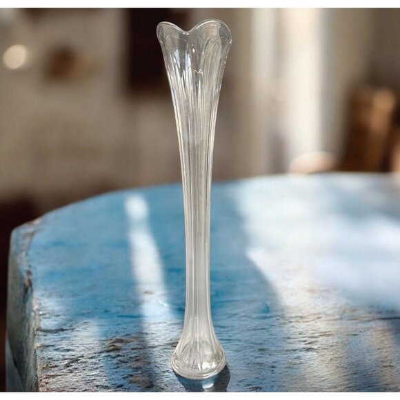 Vintage Clear Swung Glass Tulip Fluted Ribbed Vase MCM 17" Tall Stretched Vase - Picture 1 of 12